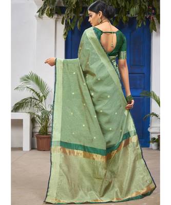 Sea Green Woven Party Wear Cotton Silk Sarees 4