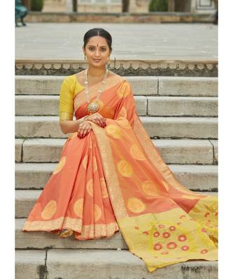 Light Orange Woven Party Wear Art Silk Sarees 3