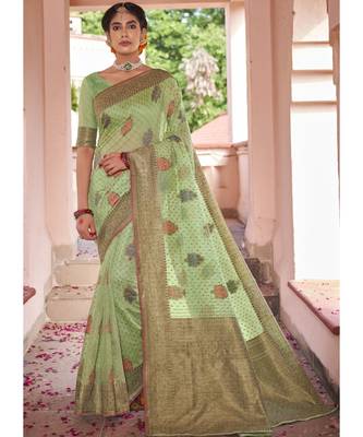 Sea Green Woven Party Wear Cotton Silk Sarees 1