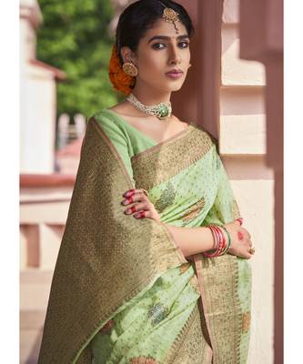 Sea Green Woven Party Wear Cotton Silk Sarees 3