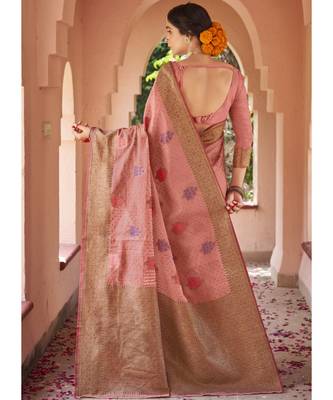 Peach Woven Party Wear Cotton Silk Sarees 4