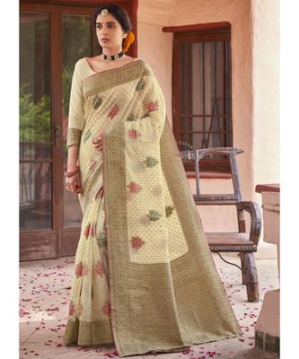 Off White Woven Party Wear Cotton Silk Sarees 1