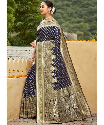 Navy Blue Woven Party Wear Art Silk Sarees 3