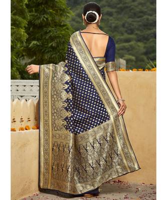 Navy Blue Woven Party Wear Art Silk Sarees 4