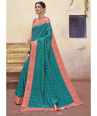 Turquoise Woven Party Wear Art Silk Sarees 2