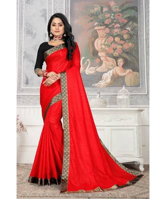 Women'S Red Plain Lace Work Silk Blend Saree 1