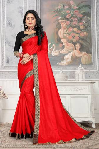 Women'S Red Plain Lace Work Silk Blend Saree