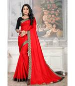 Women'S Red Plain Lace Work Silk Blend Saree