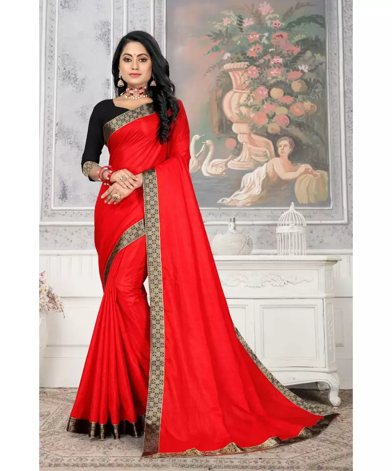 Women's Red Plain Lace Work Silk Saree