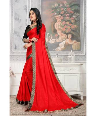 Women'S Red Plain Lace Work Silk Blend Saree 2