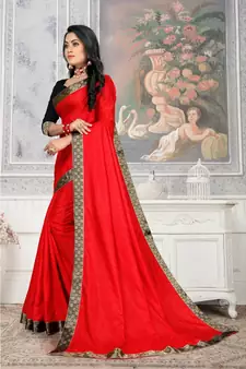 Women'S Red Plain Lace Work Silk Blend Saree