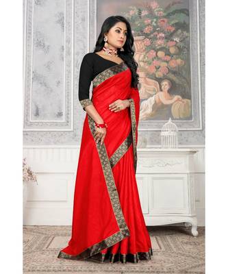 Women'S Red Plain Lace Work Silk Blend Saree 3