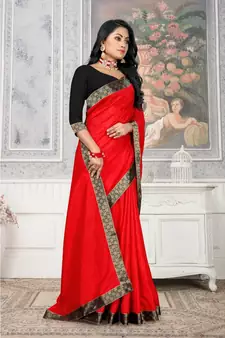 Women'S Red Plain Lace Work Silk Blend Saree