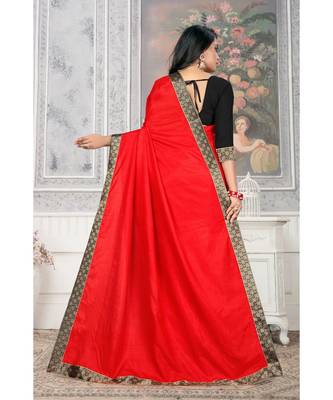 Women'S Red Plain Lace Work Silk Blend Saree 4