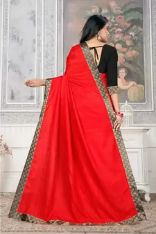 Women'S Red Plain Lace Work Silk Blend Saree
