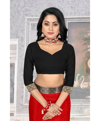 Women'S Red Plain Lace Work Silk Blend Saree 5
