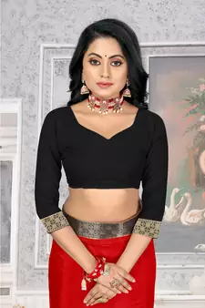 Women'S Red Plain Lace Work Silk Blend Saree