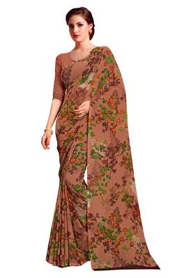 Brown printed faux georgette saree with blouse 1