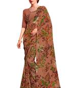 Brown printed faux georgette saree with blouse