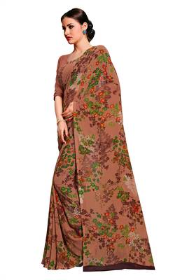 Brown printed faux georgette saree with blouse 2