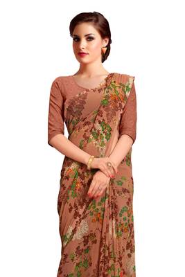 Brown printed faux georgette saree with blouse 3