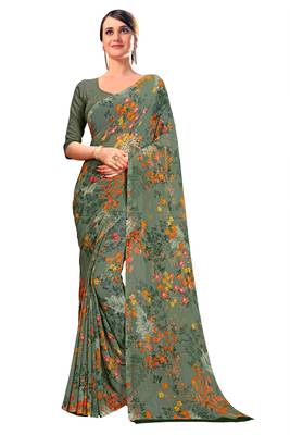 Grey printed faux georgette saree with blouse 1