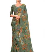 Grey printed faux georgette saree with blouse