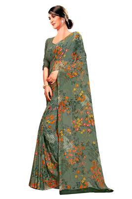 Grey printed faux georgette saree with blouse 2