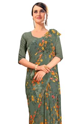 Grey printed faux georgette saree with blouse 3