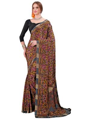 Yellow printed crepe saree with blouse 1