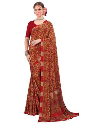 Maroon printed crepe saree with blouse 1