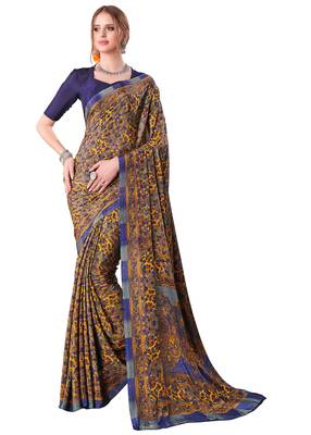 Blue printed crepe saree with blouse 1