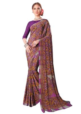 Purple printed crepe saree with blouse 1