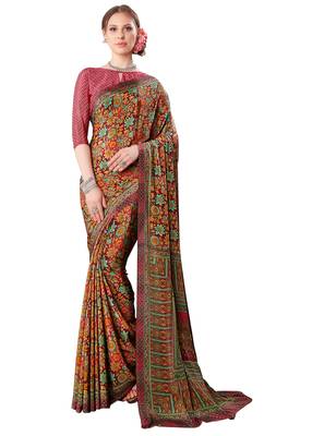 Maroon printed crepe saree with blouse 1
