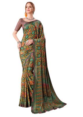 Brown printed crepe saree with blouse 1