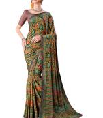 Brown printed crepe saree with blouse
