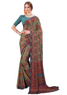 Green printed crepe saree with blouse 1