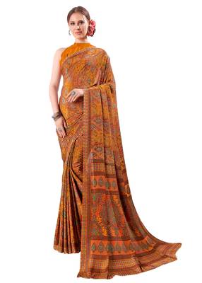 Orange printed crepe saree with blouse 1