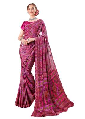 Purple printed crepe saree with blouse 1