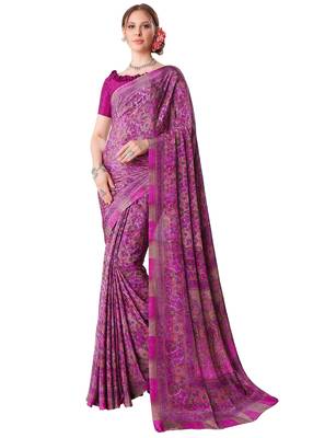 Purple printed crepe saree with blouse 1