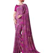 Purple printed crepe saree with blouse