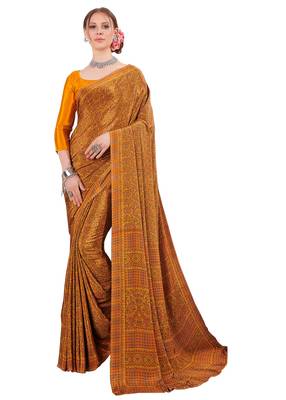 Orange printed crepe saree with blouse 1