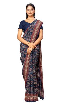 Blue printed crepe saree with blouse 1