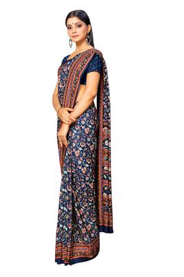 Blue printed crepe saree with blouse 2