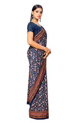 Blue printed crepe saree with blouse 3