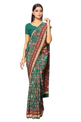 Green printed crepe saree with blouse 1