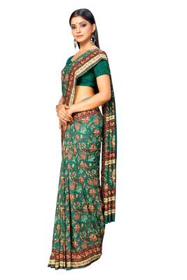 Green printed crepe saree with blouse 2