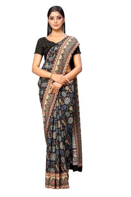 Black printed crepe saree with blouse 1