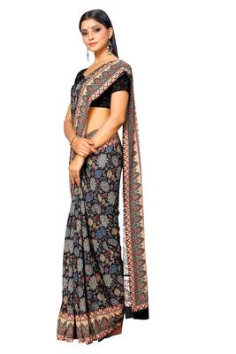 Black printed crepe saree with blouse 2