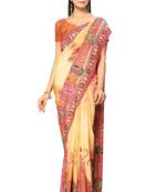 Beige printed crepe saree with blouse